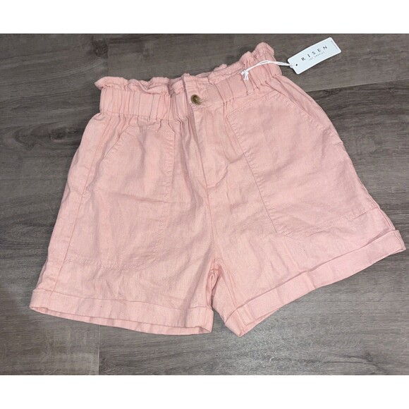 Risen Shorts Linen Blend High Rise Cuffed Paperbag Elastic Peach Size Small - Picture 1 of 11